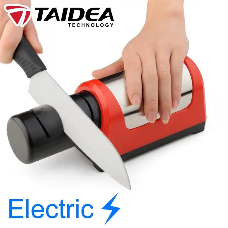 Electric knife sharpener in use, demonstrating a smooth sharpening process with a hand holding a kitchen knife.