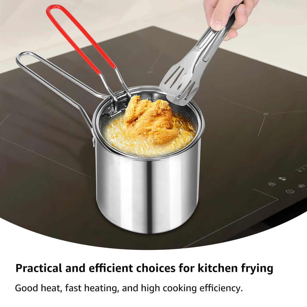 Stainless Steel Deep Fryer Pot Japanese Tempura Small Deep Frying Pan with Strainer Basket for French Fries Chicken Kitchen Tool