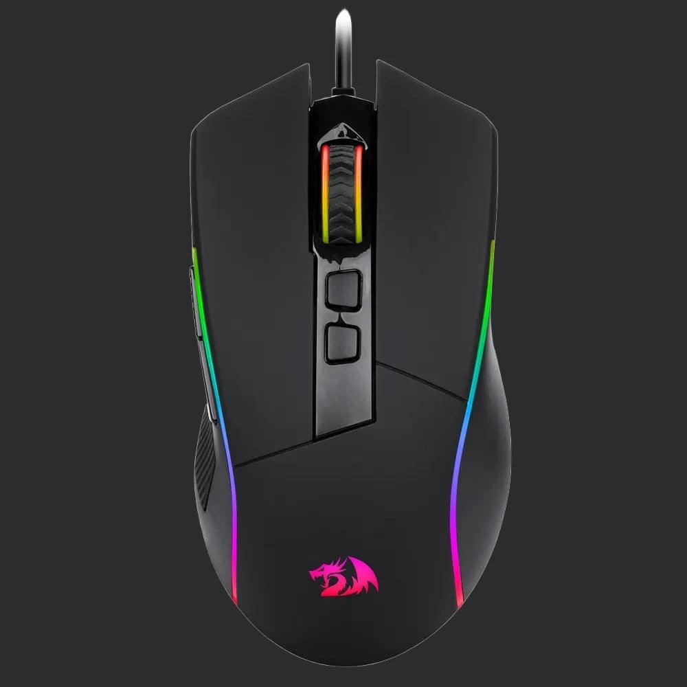 The Gaming Mouse Lonewolf G105 RGB USB Wired Mouse features a sleek black design with RGB backlighting, vibrant lighting lines along its edges, and a striking dragon logo on the palm rest. It offers an 8000 DPI sensor and is equipped with two programmable buttons beside the illuminated scroll wheel, delivering both precision and style.