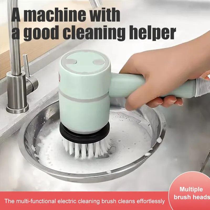 A person uses a Cordless Electric Bathroom, Kitchen & Sofa Cleaning Brush to scrub a soapy sink. The text reads "A machine with a good cleaning helper," with "Multiple brush heads" highlighted in a circle, emphasizing its versatility and USB rechargeable convenience.