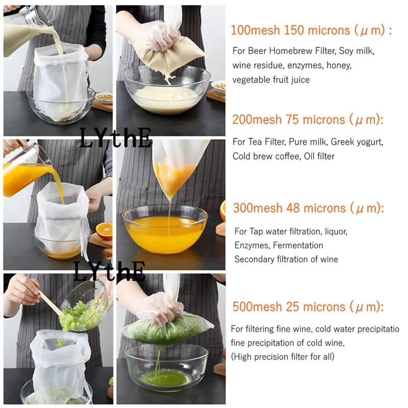 "Soy milk filter bag" "Nut milk filter net" "Versatile mesh kitchen tool"