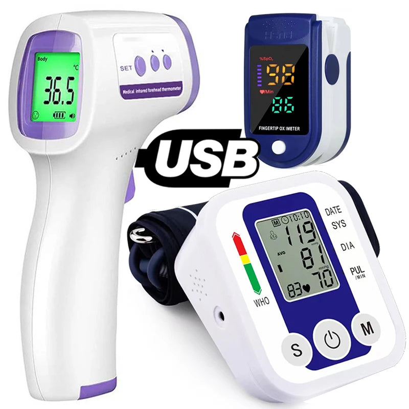 An assortment of medical devices includes a white and purple infrared thermometer displaying 36.5°C, a blue and white finger pulse oximeter, and the Automatic Blood Pressure Monitor Digital Arm Health Care showing a reading of 119/83. A USB logo is prominently featured.