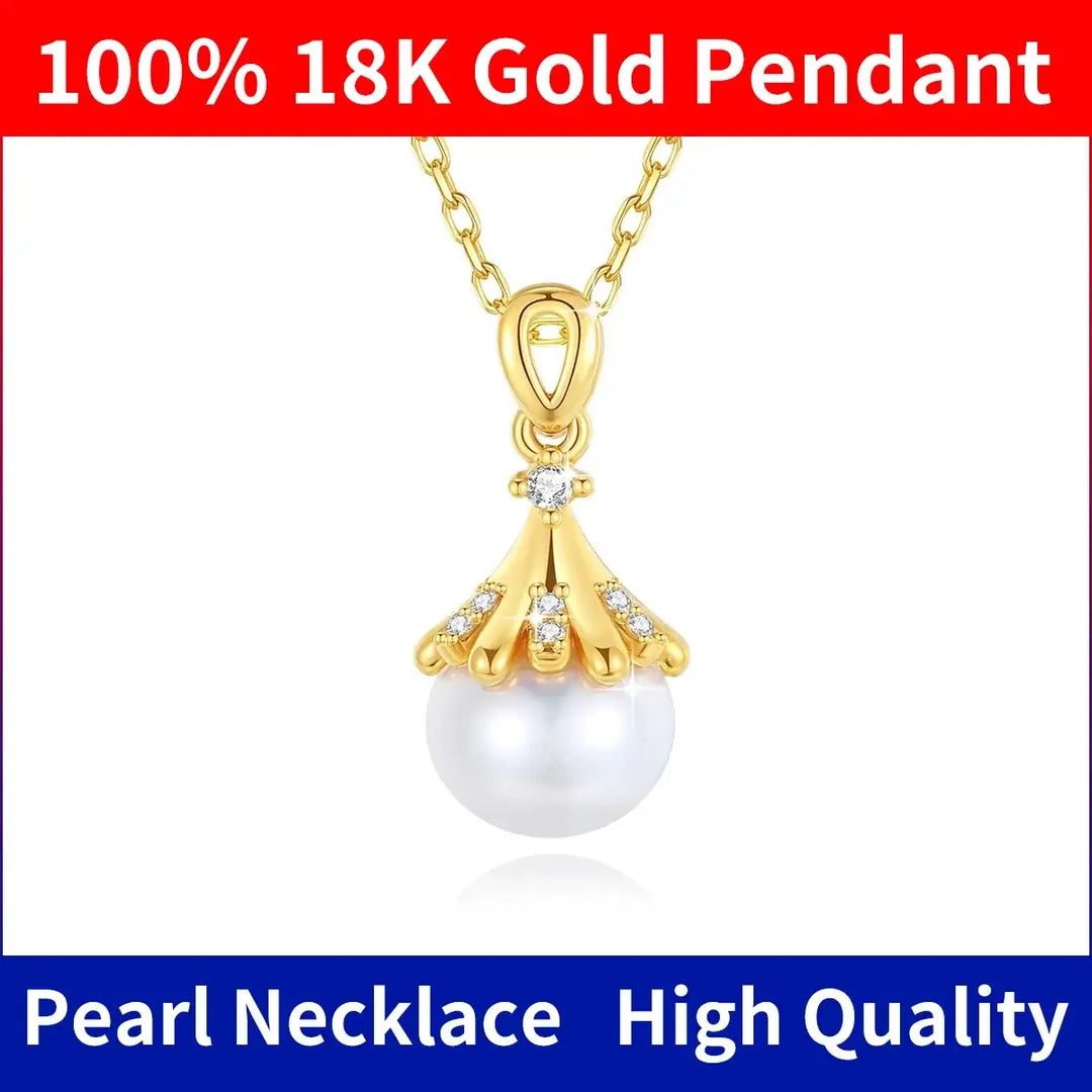 18K Gold Natural Fresh Water Pearl Necklace,  Women Pendant Jewelry Gift