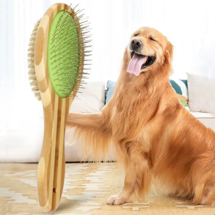 Bamboo Dog Brush Double-Sided Dog Comb Pet Grooming Brush with Stainless Steel