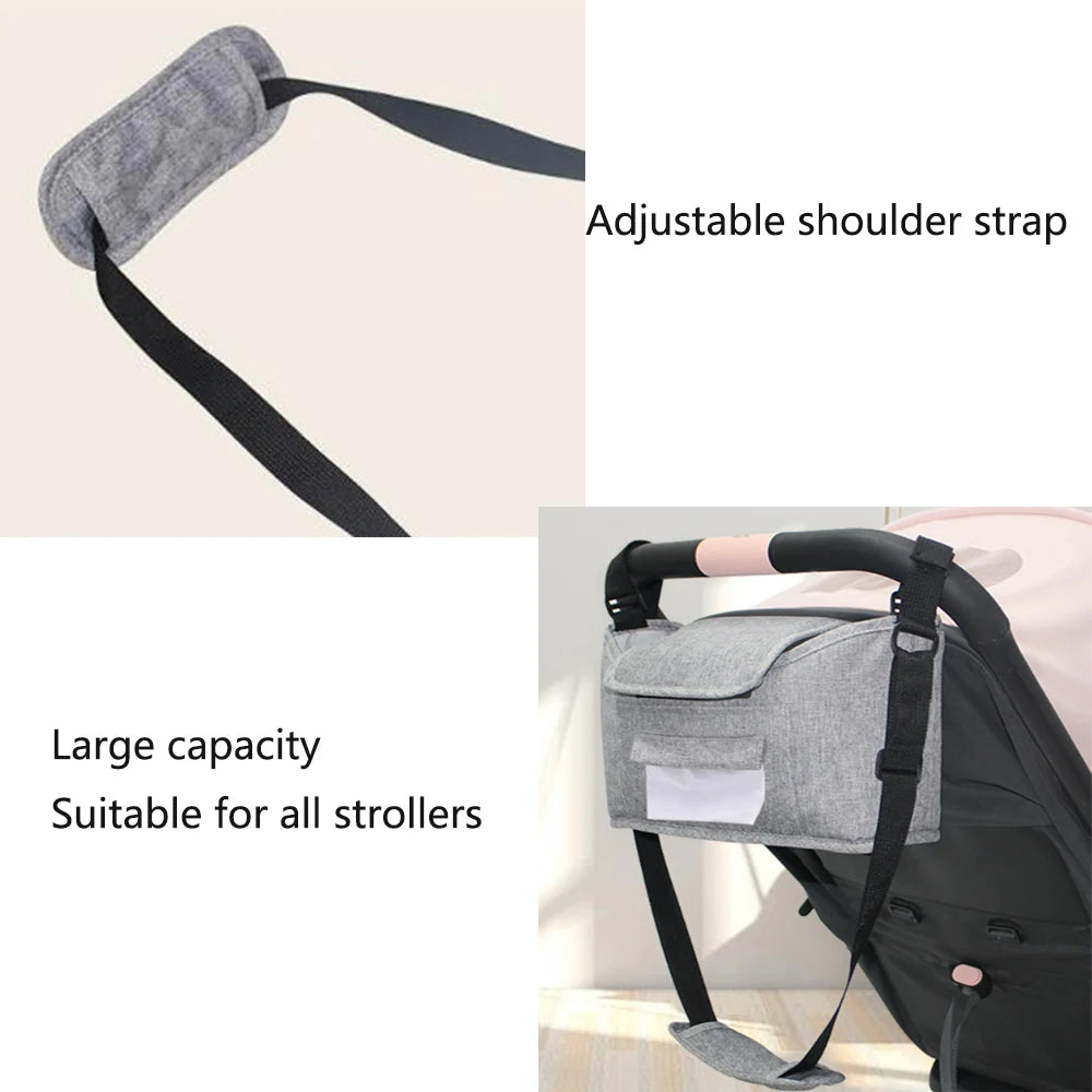 A "Stroller bag organizer" in grey, made from durable nylon fabric with an adjustable shoulder strap, offers ample storage space. It includes a large capacity compartment compatible with all strollers. The image displays it attached to a stroller, while the text emphasizes its multifunctional features.