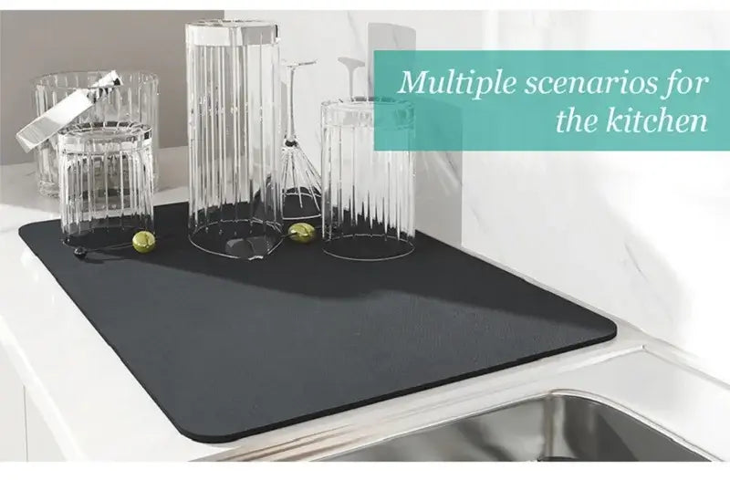 Kitchen mat with glassware, diatom mud, eco-friendly, quick-dry, antiskid mat for drying dishware, modern rectangular design.