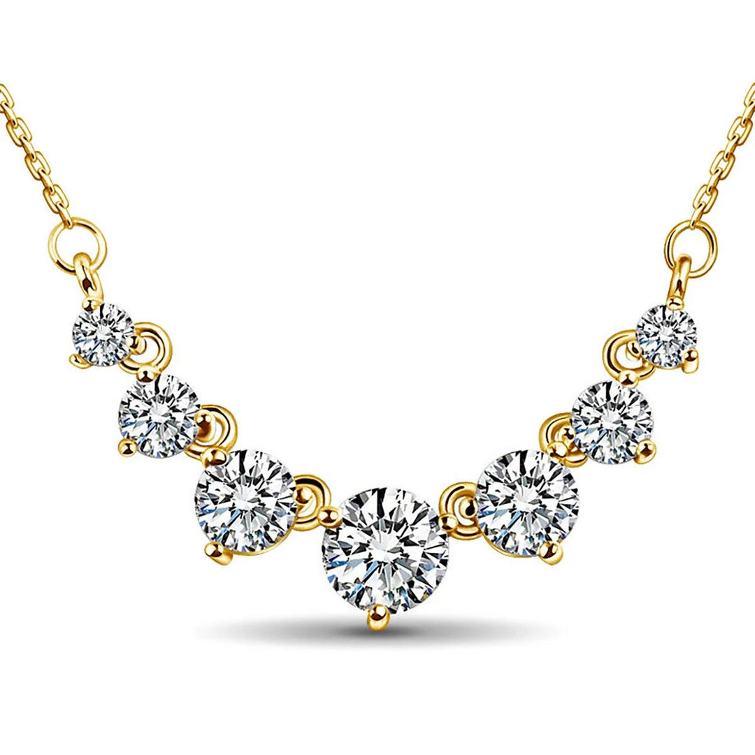 The 2.8ct moissanite necklace features a 925 sterling silver chain adorned with seven dazzling round stones in D Color Grade, arranged symmetrically with a descending size from the center, forming an elegant curve.