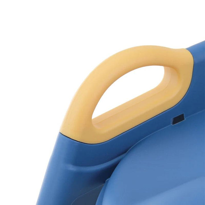 Close-up of a blue folding stool with a yellow handle, featuring a smooth design and compact shape, ideal for use as a children's toilet stool during potty training.