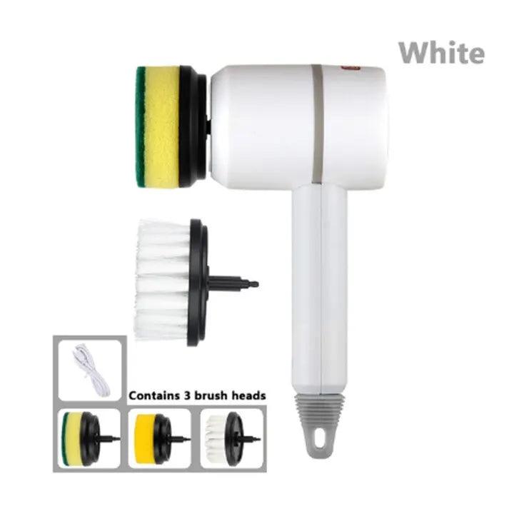 Introducing the Cordless Electric Bathroom, Kitchen & Sofa Cleaning Brush in white. This versatile device features interchangeable heads and USB rechargeable functionality, including a scrubber attachment with green and yellow pads, a bristle brush head, and a charging cable. Text reads: "Contains 3 multi-functional brush heads.