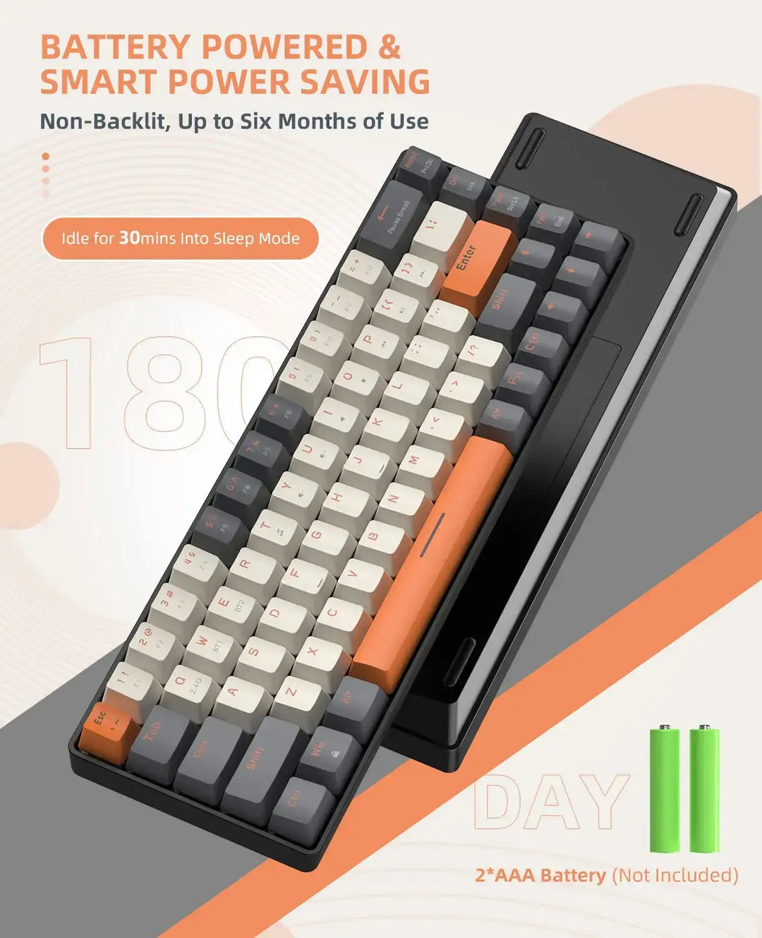 The Wireless Keyboard Bluetooth Dual Mode, depicted in black with a combination of white, dark gray, and orange keys, is highlighted in the image. It features battery power and smart power-saving technology and has a non-backlit design capable of lasting up to 180 days. The keyboard requires two AAA batteries, which are not included.