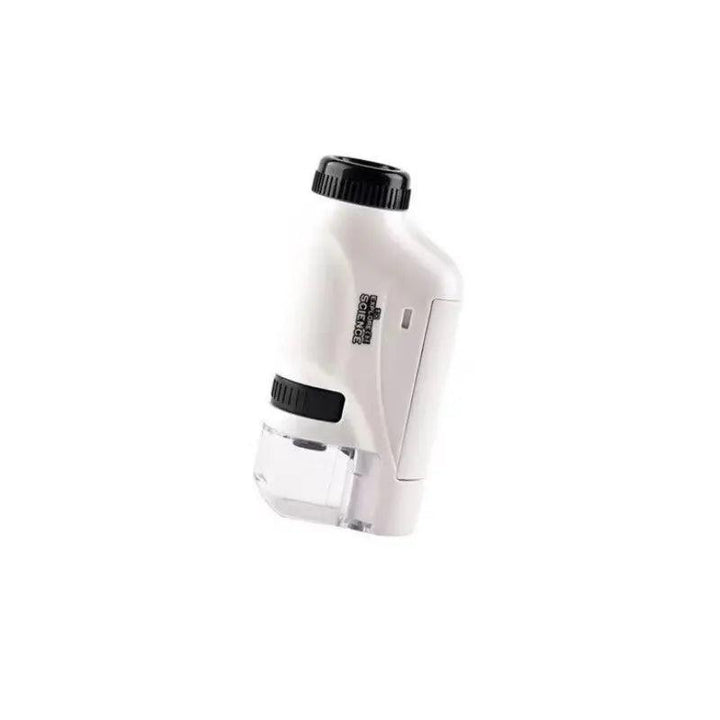 The Microscope Portable Laboratory, part of the Microscope Kids Science Experiment Kit, is a sleek and small device featuring a black eyepiece and clear lens, showcased against a plain white background.