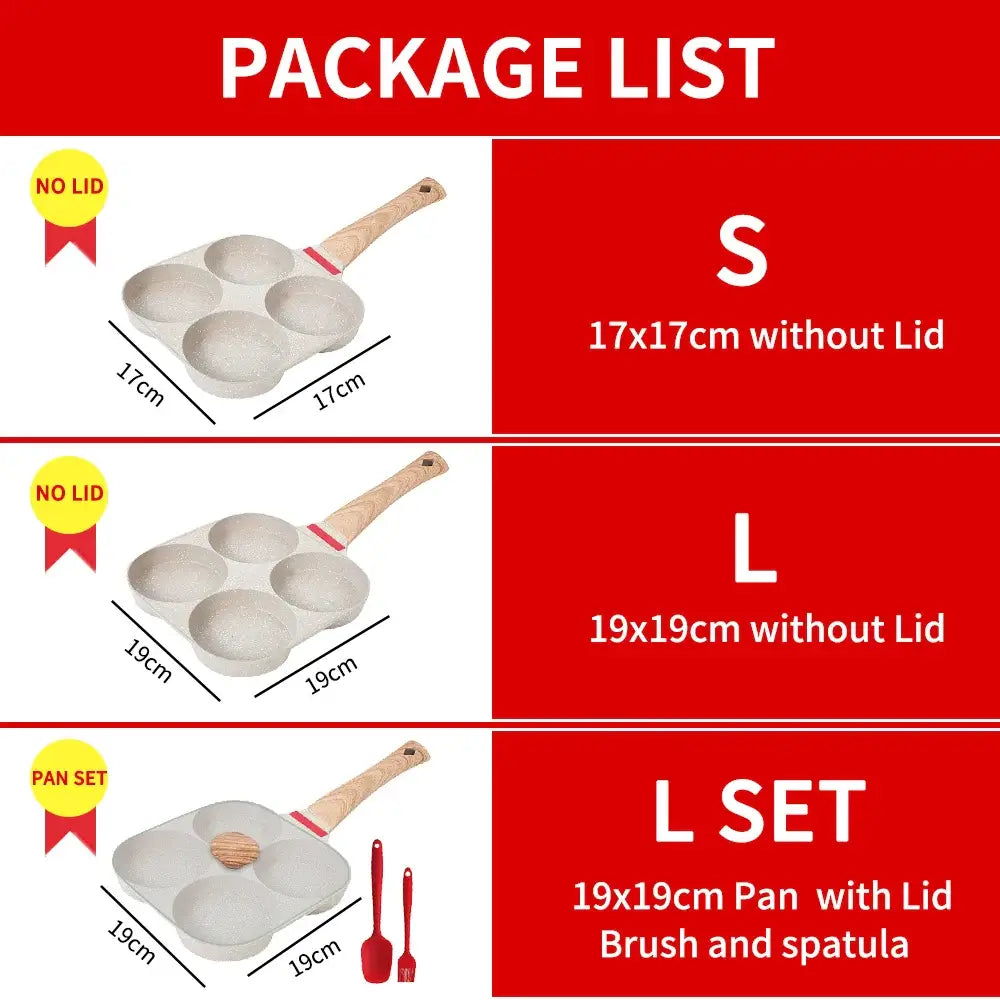 Image showing package list for egg frying pans: sizes S and L without lid, and L set with brush and spatula.