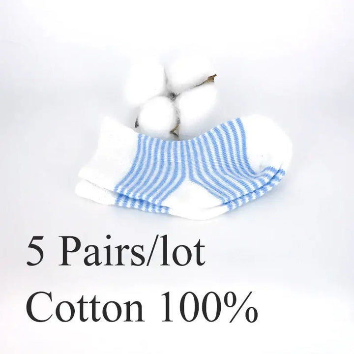 Blue striped baby socks, 100% cotton, 5 pairs set for newborns, perfect spring-summer gift, suitable for both boys and girls.