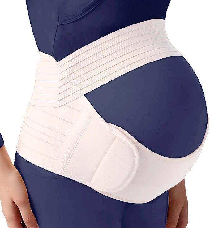 A pregnant person is dressed in a navy blue outfit, paired with the Maternity Belly Belt, Abdomen Support Belt, Pregnant Women's Waistband in beige. This pregnancy support accessory features adjustable straps for extra comfort and provides an abdominal lift, ensuring both style and utility.