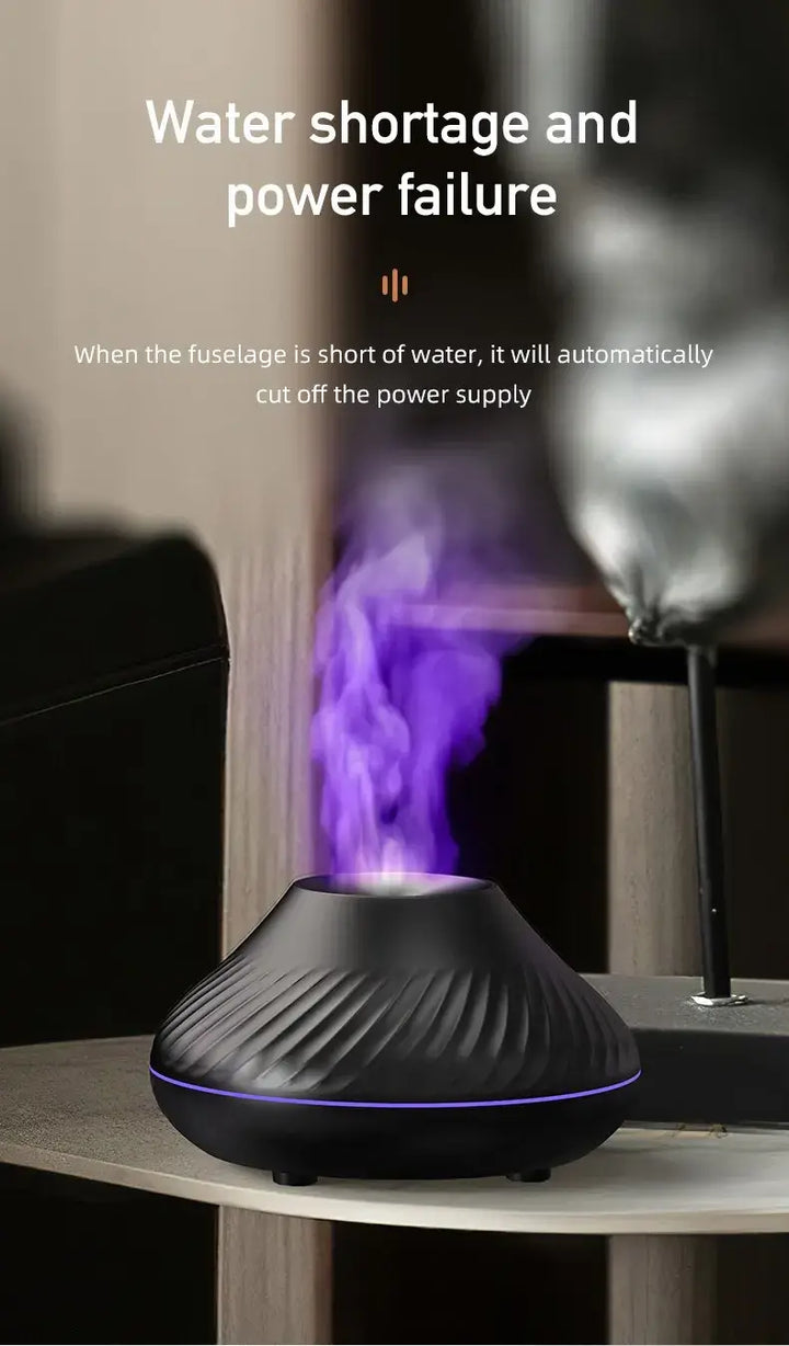 Flame Aromatherapy Humidifier with high fog output and automatic shut-off feature, perfect for small spaces.