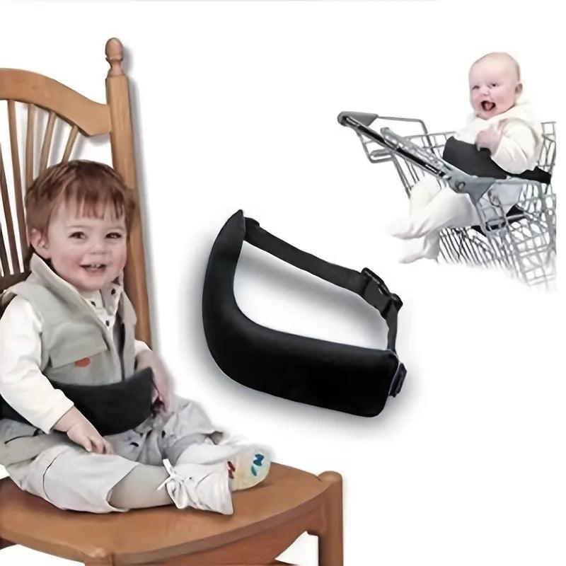 Two babies safely secured using the High Chair Security Straps, Universal Baby Safety Strap, Highchair Harness for Infant & Toddler—one sitting on a wooden chair and the other in a shopping cart. The security straps are displayed separately for clarity.