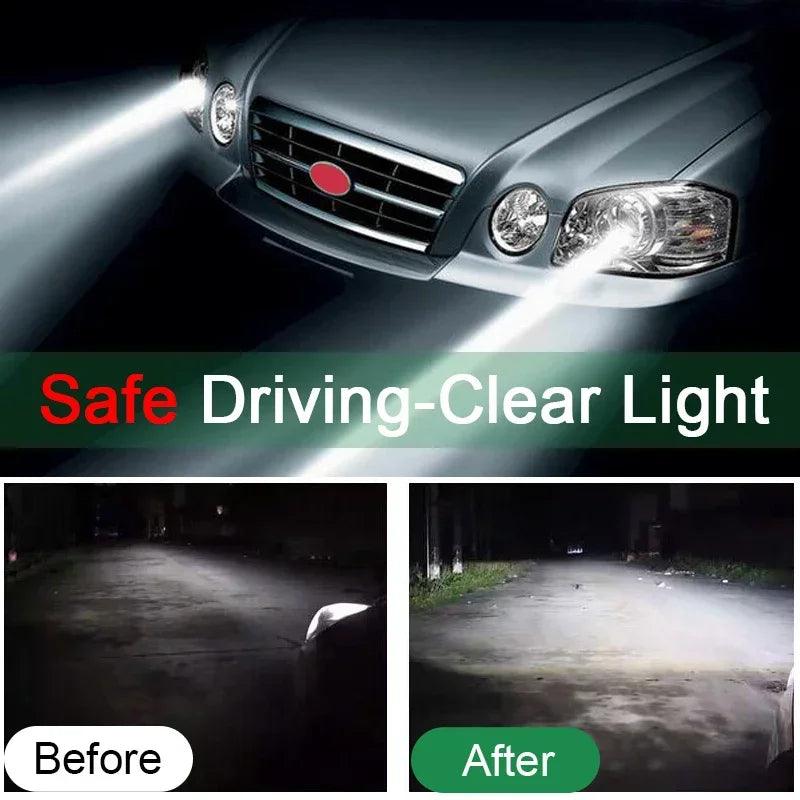 A car with headlights on projects bright beams. The "Before" and "After" comparison reveals a dimly lit road transformed into a well-illuminated path. The text reads "Safe Driving-Clear Light," achieved with the Car Headlight Restoration Kit for unmatched clarity and safety.