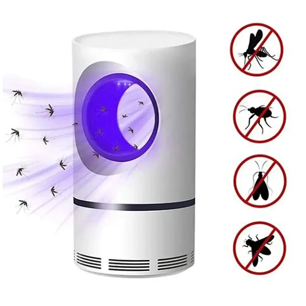 The image of the Electric Fly Bug, Mosquito Insect Killer, LED Light Trap Control Lamp highlights its cylindrical design and a 368nm ultraviolet light that attracts insects. Arrows illustrate mosquitoes being lured inside, while icons on the right signify the elimination of pests. A USB power supply and adapter provide power to the LED light, enhancing both its functionality and convenience.