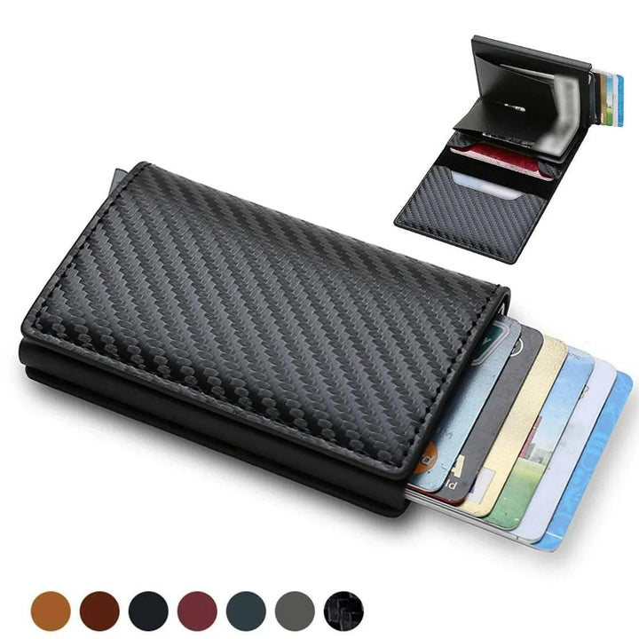 A black Carbon Fiber Aluminum Wallet with multiple slots is displayed, partially extended to show several credit cards. An inset image highlights the RFID Slim Card Case open, showcasing additional compartments. Available color options are shown below.