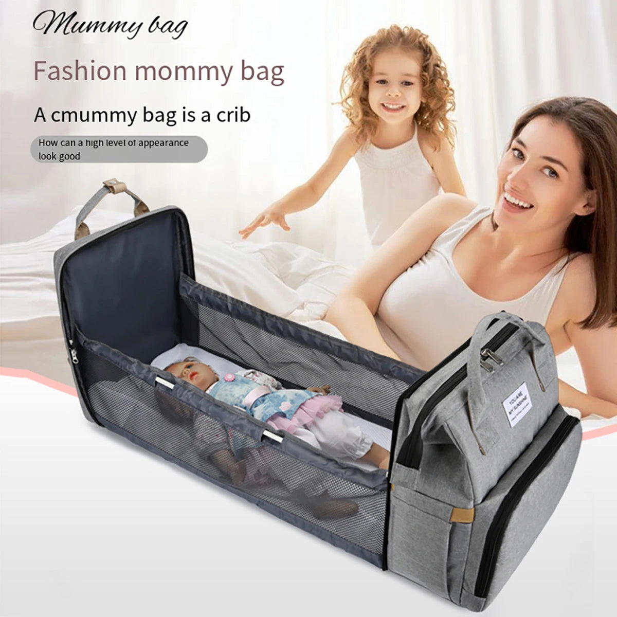Portable Folding Bed Bag Multi-functional Mom Backpack Large Capacity Diaper Bag