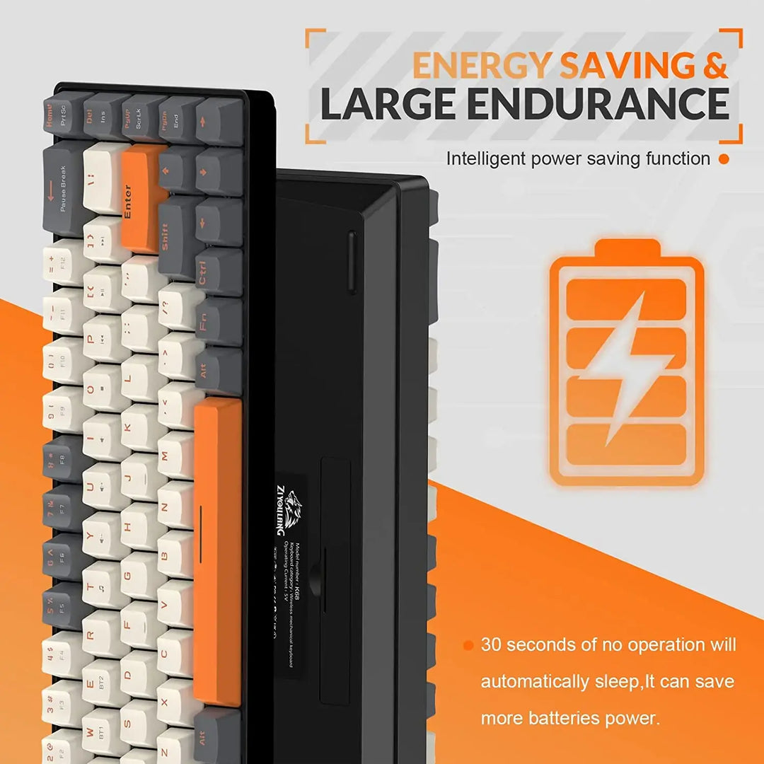 The Wireless Keyboard Bluetooth Dual Mode features a compact design with orange, white, and gray keys. Its side profile is displayed next to text that reads, "Energy saving & large endurance. Intelligent power-saving function activates sleep mode automatically after 30 seconds of inactivity to conserve battery power.