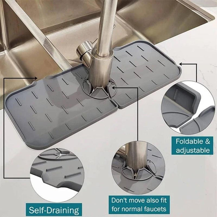 The Faucet Guard Kitchen Mat for kitchen sinks showcases a gray, foldable silicone self-draining mat positioned around the faucet base. Detailed close-ups emphasize the mat's texture and eco-friendly design, with text highlighting its adaptability and compatibility with various faucet sizes.