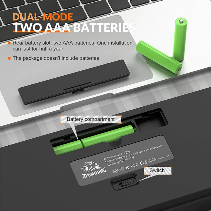 View of the Wireless Keyboard Bluetooth Dual Mode, featuring a 60% compact design and shown from the back. The open battery compartment reveals one AAA battery inserted and another placed nearby. Text on the image indicates dual-mode functionality requiring two AAA batteries, which are not included in the package.