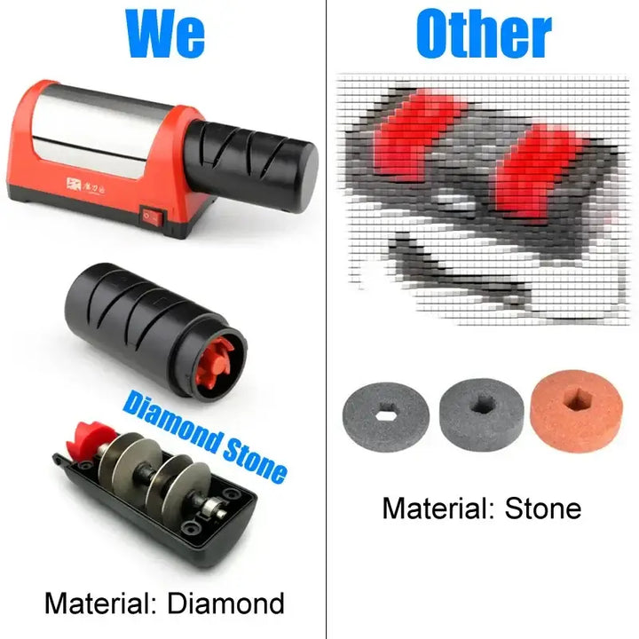 Comparison of electric knife sharpeners: Our diamond stone model vs. others with traditional materials.