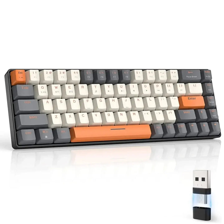 Showcased is the Wireless Mechanical Keyboard Bluetooth, highlighting its elegant 68-key layout accented by gray, white, and orange keycaps. An accompanying orange USB receiver underscores its Bluetooth capability for effortless typing.