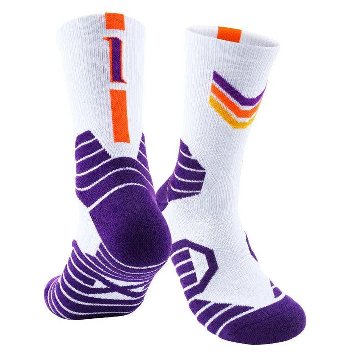 Introducing our Knee High Sports Socks: expertly crafted breathable white basketball socks adorned with a dynamic mix of purple, orange, and yellow geometric patterns. The design showcases vibrant stripes and angular shapes, delivering a colorful and modern aesthetic ideal for sports enthusiasts. These thickened towel bottom socks provide both style and comfort for your game.