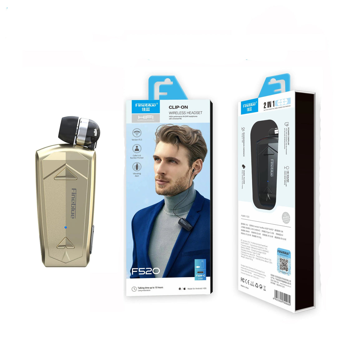 The packaging of the Wireless Earphone Bluetooth Retractable Headset, which highlights its Bluetooth 5.3 technology and displays a gold device, prominently features the product name "F520," an image of a man wearing the headset, and detailed product information. The box is embellished with blue accents and includes a QR code that suggests its advanced features such as a vibration function.