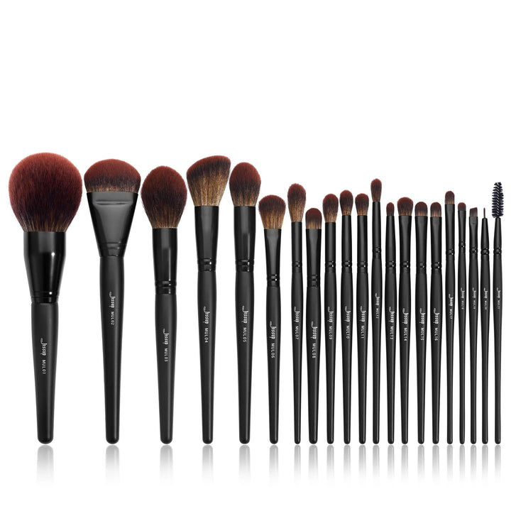 The "Makeup Brushes Set Synthetic Powder Brush Concealer Eyeshadow Eyeliner" includes 18 professional black brushes with synthetic hair, featuring dark bristles and reddish-brown tips. Perfect for applying powder, blush, eyeshadow, and eyeliner with flawless results and easy access.