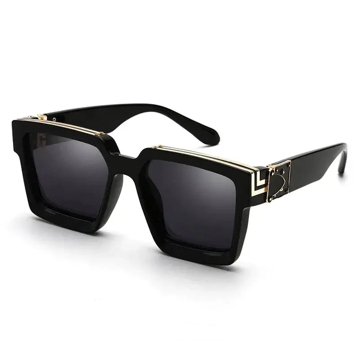 These Oversized Sunglasses for Men and Women, featuring a fashion-forward thick frame, showcase large lenses with gold accents on the hinges, exuding a retro designer style. The bold and glossy frame delivers a contemporary look while offering UV400 protection to ensure ultimate eye safety.