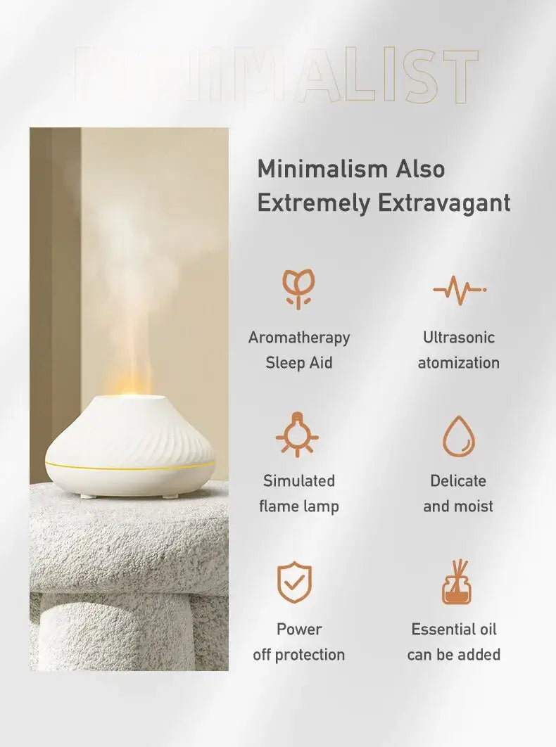 Aromatherapy humidifier with flame lamp effect and minimalist design, featuring ultrasonic atomization and essential oil option.