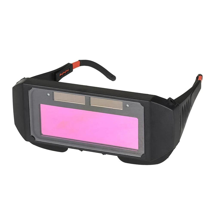 A pair of Automatic Dimming Welding Glasses with a wide rectangular pink lens area. The black frame extends to cover the sides, providing enhanced welding protection. They are equipped with adjustable and flexible arms for a secure fit.