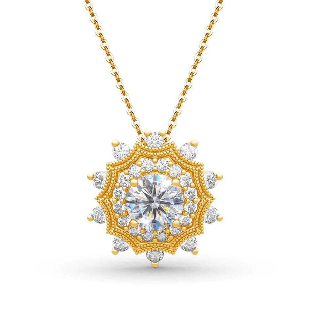 Discover a sophisticated Moissanite Necklace Pendant, crafted in sterling silver jewelry. This elegant sparkling necklace features a stunning Moissanite gemstone at its center, encircled by VVS1 clarity diamonds forming a dazzling starburst pattern, exuding timeless beauty and luxury.