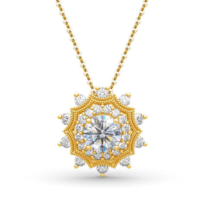 Discover a sophisticated Moissanite Necklace Pendant, crafted in sterling silver jewelry. This elegant sparkling necklace features a stunning Moissanite gemstone at its center, encircled by VVS1 clarity diamonds forming a dazzling starburst pattern, exuding timeless beauty and luxury.