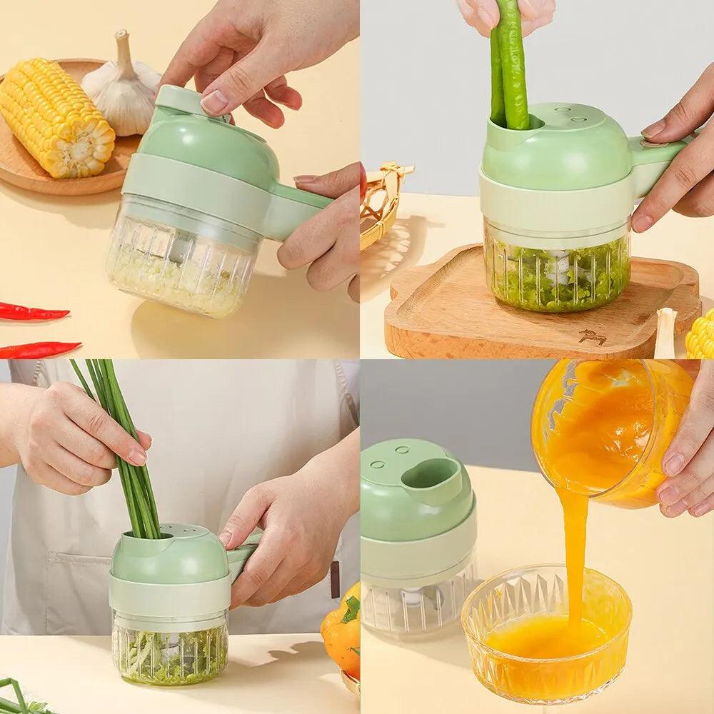 Four images highlight the Multifunctional Electric Vegetable Slicer in its sleek green design. Top left: effortlessly dicing cabbage; top right: slicing cucumber with precision; bottom left: incorporating green onions into the mix; bottom right: smoothly pouring a vibrant orange blend into a bowl. Vegetables and a corn cob are artistically placed near the scene, demonstrating its abilities as an effective garlic masher in action!