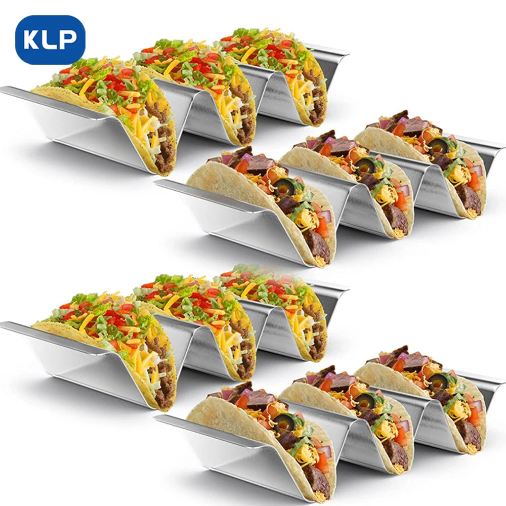 KLP 4pcs stainless steel taco holder with tacos, featuring a V-shaped design for easy serving and stability.