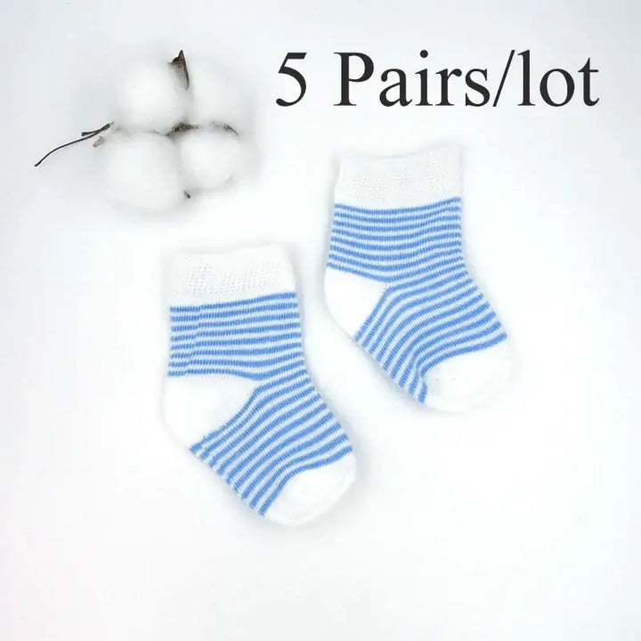 Blue striped baby socks set of 5 pairs, soft cotton newborn accessories for 0-6 months, perfect for spring and summer.