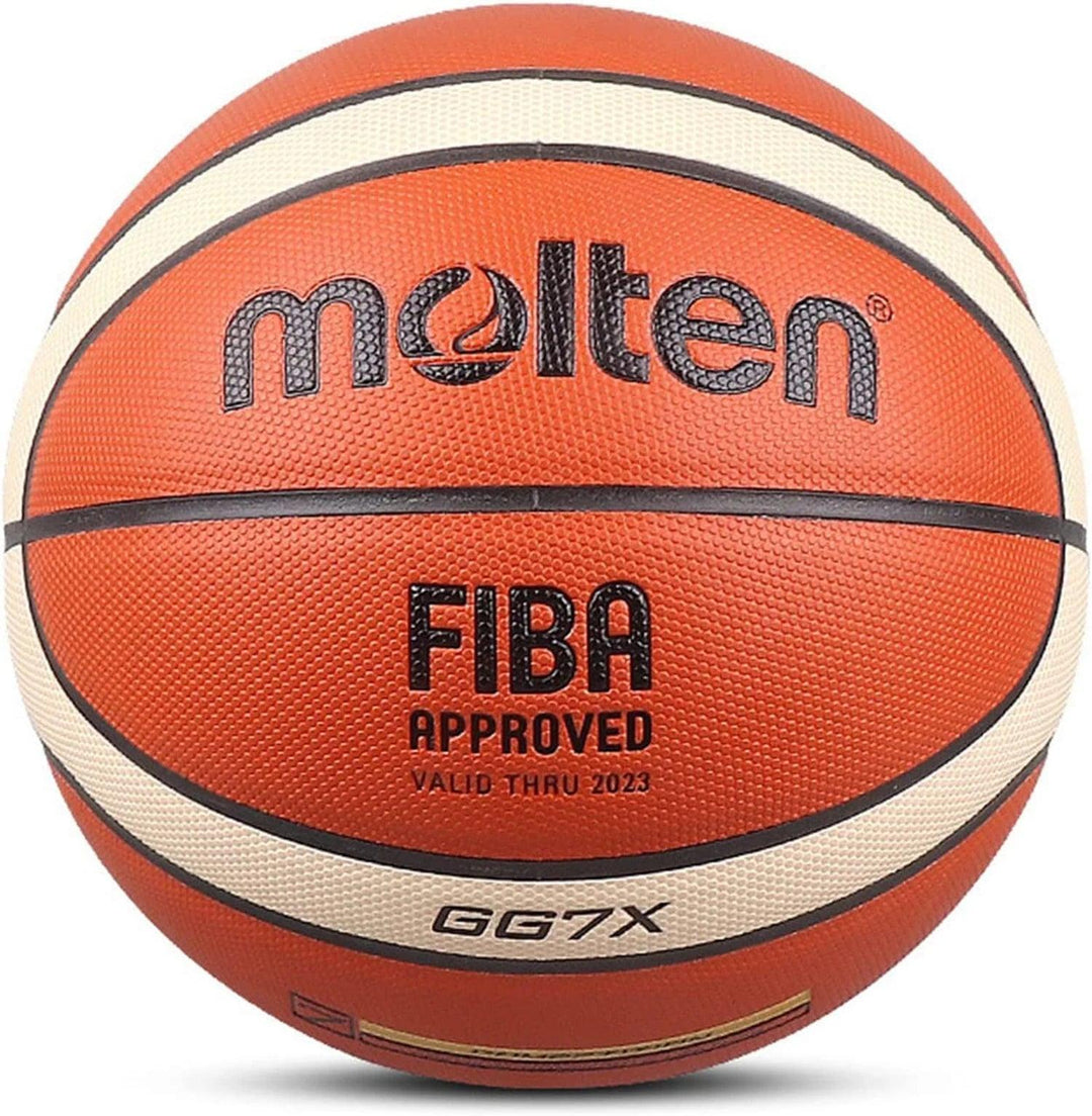 The Molten PU Basketball, approved by FIBA, boasts an orange surface with white stripes. Made from robust PU leather, it is marked with "GG7X" and labeled "VALID THRU 2023" to guarantee authenticity and quality assurance.