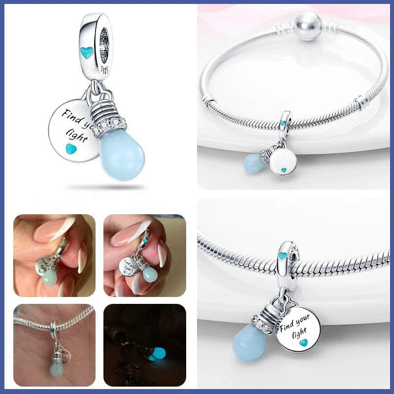 Discover a Pandora Compatible Charms Bracelet adorned with an elegant sterling silver round tag, engraved with "Find your light," and a luminous blue teardrop pendant inlaid with zircon stone. Additional close-up images showcase the exquisite craftsmanship of the charm in both daylight and glowing darkness.