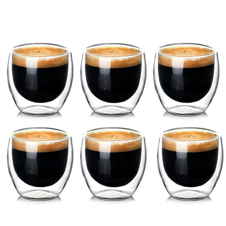 Six Double-layer insulated glass cups, each with an 80ml capacity filled with dark coffee topped with a layer of crema, are arranged in two rows of three against a white background.