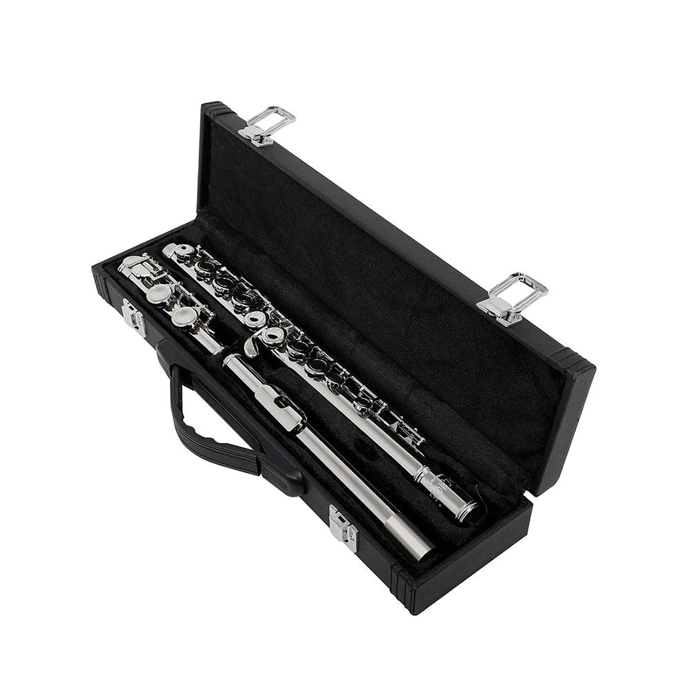 An open black case showcases a disassembled professional concert flute made from shiny cupronickel. The case, complete with a handle and secure clasps, is lined with a soft, dark material to protect the sections of the SLADE 16-hole C key transverse flute, which are neatly arranged inside.