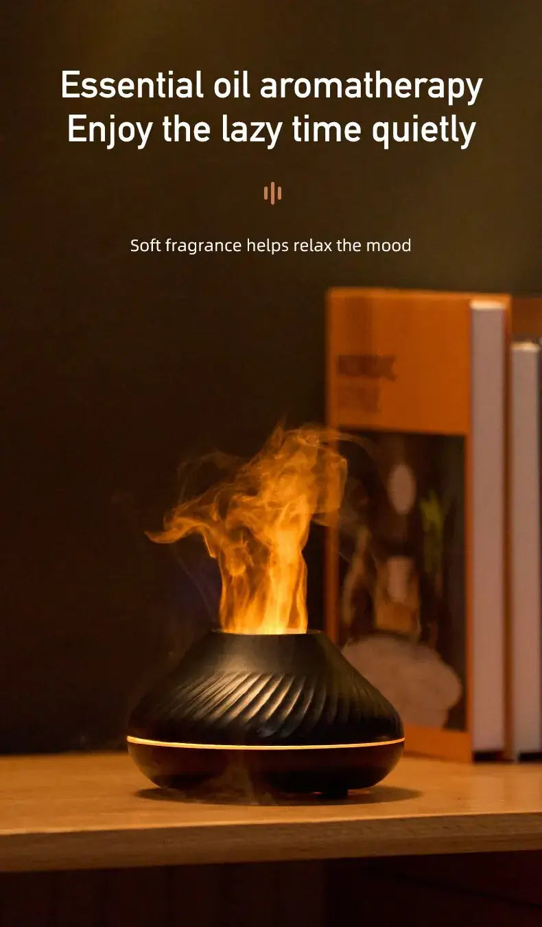 Aromatherapy humidifier emitting high fog on desk, creating serene atmosphere with soft fragrance. Quiet and space-saving design.