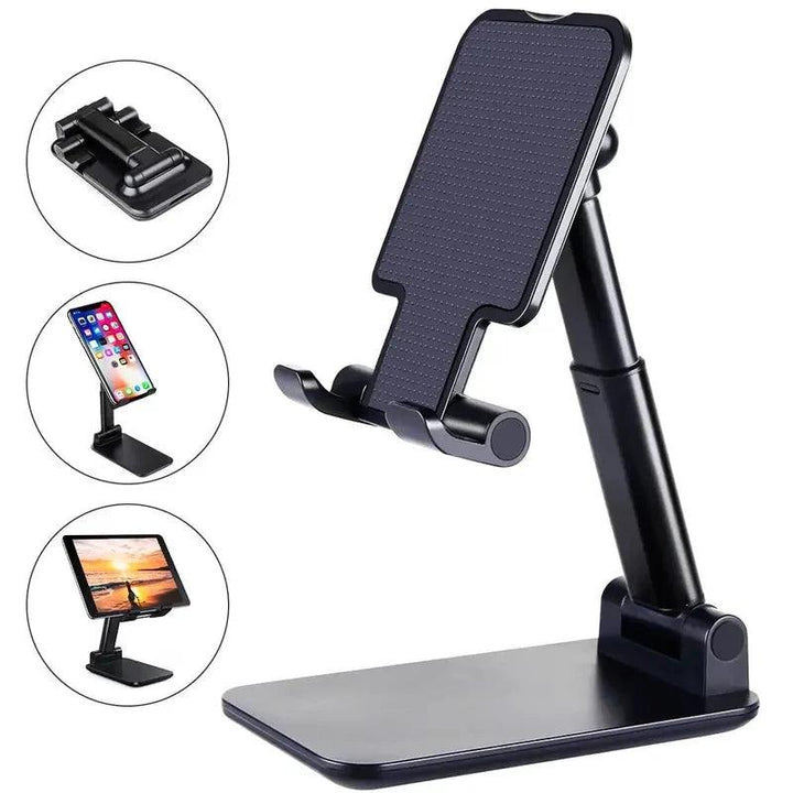 Introducing the "Universal Phone Holder Stand" and "Adjustable Tablet Mount" by Desktop Mobile Stand: This black stand features a sturdy base and functions as a universal phone holder. Its textured surface guarantees a firm grip on your devices. Additionally, three smaller images showcase the stand securely holding both a smartphone and tablet at different angles.