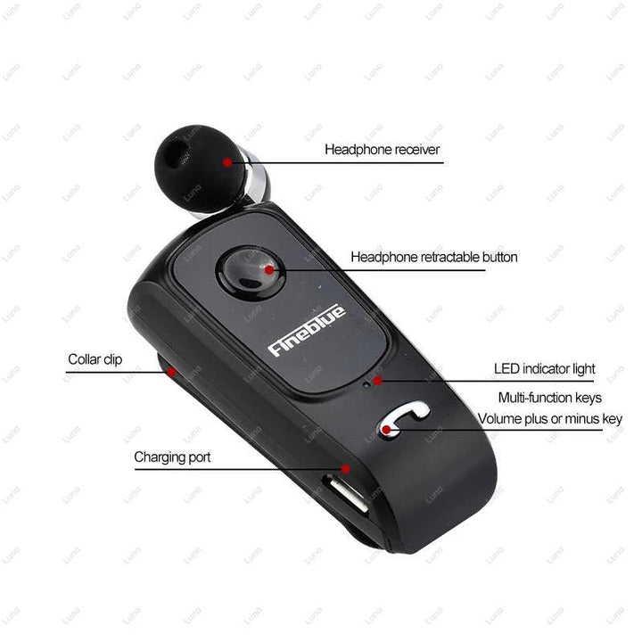 Wireless Earphone, Bluetooth Headset with Wire Clip Retractable Earphones