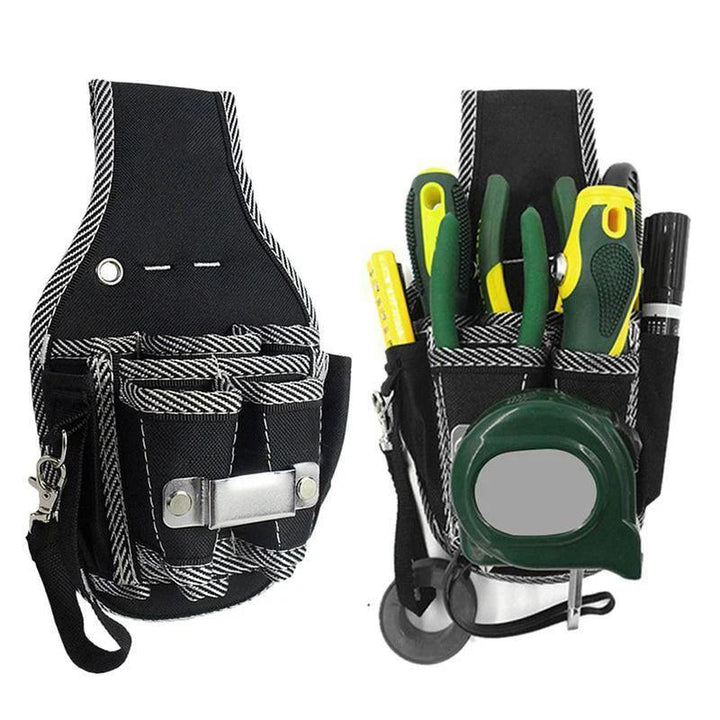 The Multifunctional Tool Bag Electrician Waist Pocket Portable Tool Pouch offers organized storage for various tools, including a tape measure, screwdrivers with green and yellow handles, a box cutter, and a marker. This black and white striped pouch also features multiple pockets and a sturdy loop for easy attachment.