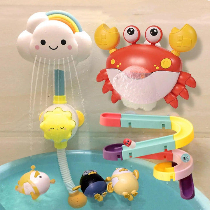 The lively "Water Spraying Toys" collection includes a smiling cloud shower, a red crab squirt toy, and a multi-colored spiral water slide with charming characters, all ideally placed above the bathtub for endless fun.