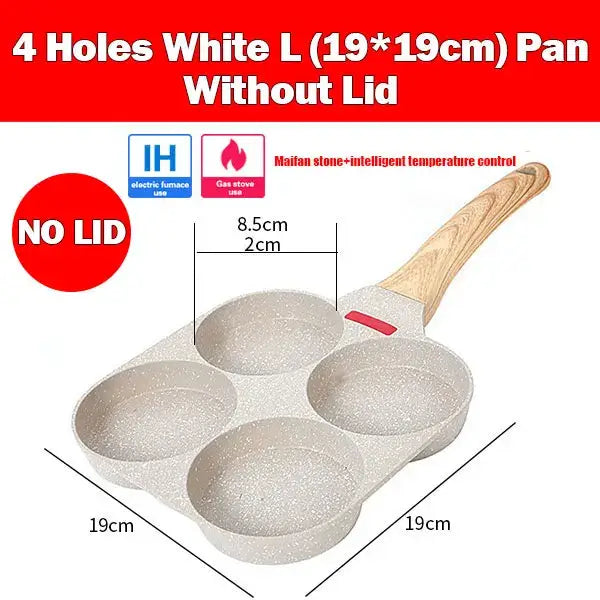 Non-stick egg frying pan with 4 holes, 19x19cm, featuring intelligent temperature control and a wooden handle.